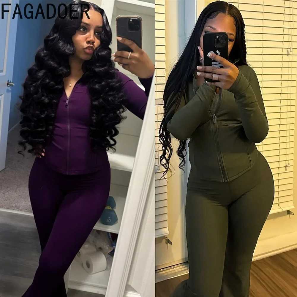 Women's Two Piece Pants FAGADOER Solid Bodycon 2 Piece Sets Outfit Women Long Slve Zip Patchwork Jacket Top And Flare Pants Suits Autumn Strtwear