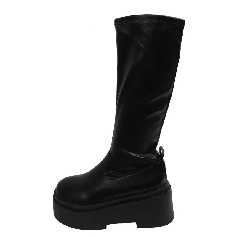 Short and chubby womens knee high boots fashionable sliding knight boots platform flat autumn and winter shoes 241018