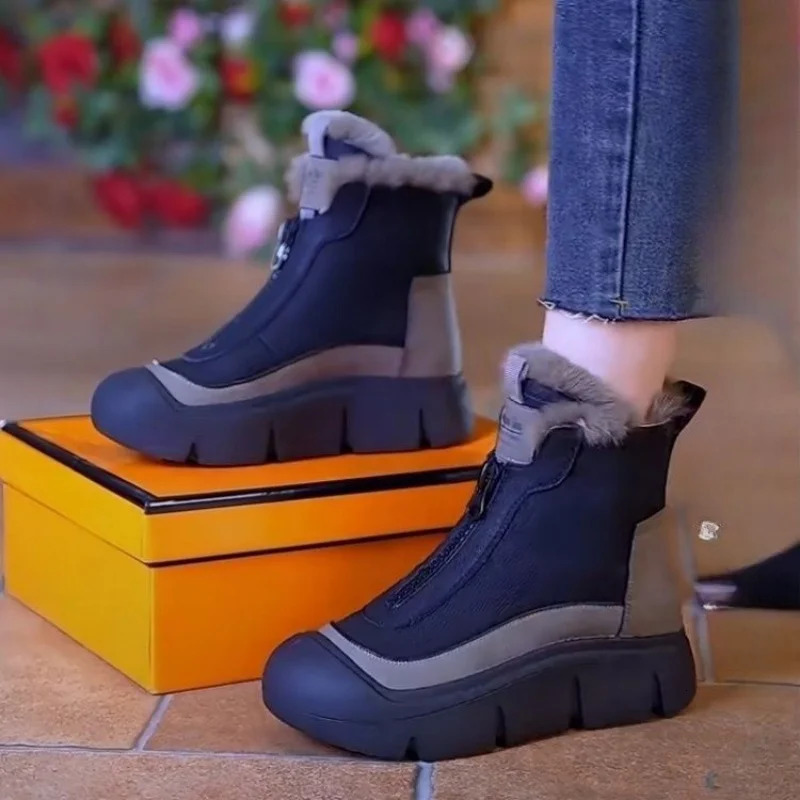 Winter chiffon cotton shoes for women plush insulation anti slip short boots increased height version high top shoes 241018