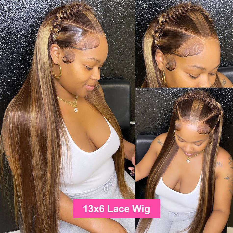 30 32 Inch 13x6 Straight Highlight Front Human Hair 13x4 Lace Frontal 4/27 Ombre Honey Blonde Colored For Women