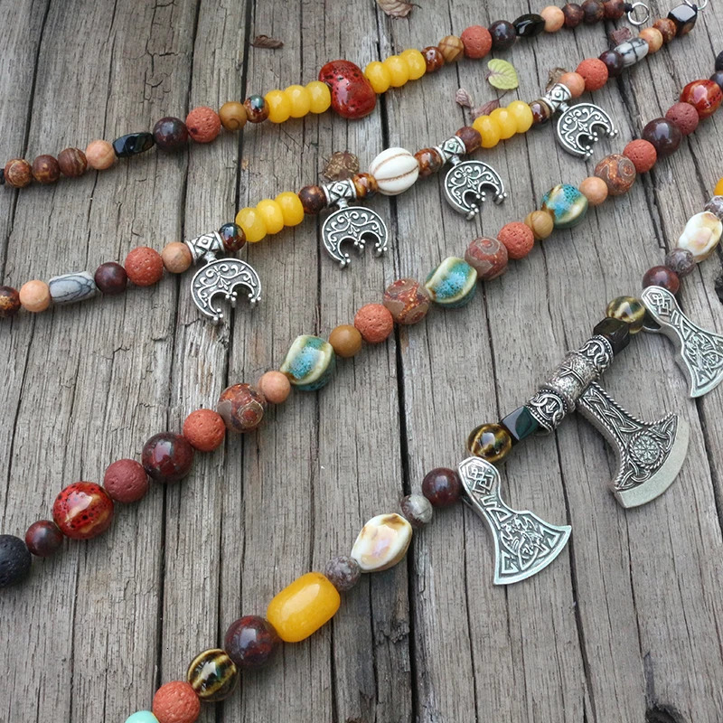 Viking ethnic jewelry moon natural stones antique agate red lava unique ceramic beads beautiful ethnic looped necklaces handmade 241018