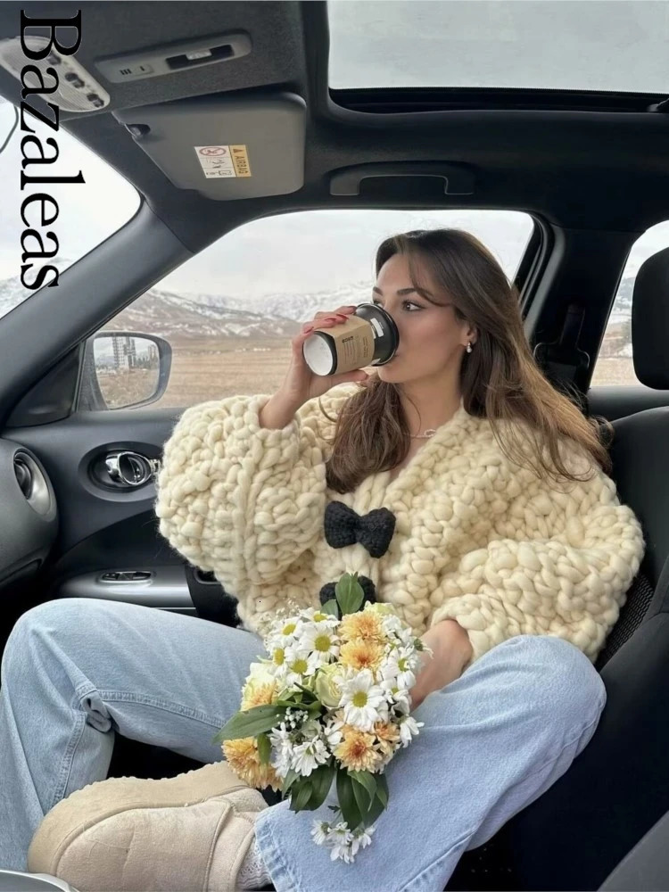 2024 Bazaleas Traf Autumn Warm Short Outerwear Official Handmade Bow Sweater Coat Vintage Oversize Lantern Sleeve Cardigan 241009