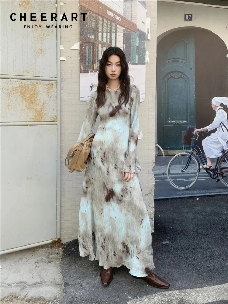 CHEERART Pleate French Long Maxi Dress For Women Flare Long Sleeve Swing A Line Dress Fall Clothes 241010