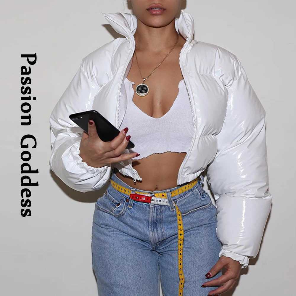 Women's Down Parkas Fashion Cool Women Bright PU Puffer Jackets Stand Collar Warm Bubble Coats Shiny Leather Parkas Down Zipper Crop Jackets Wint