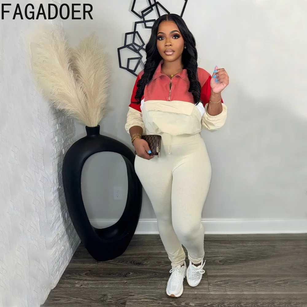 Women's Two Piece Pants FAGADOER Color Block 2-piece Womens Long Sleve Zipper Sweatshirt and Leg Set Jogging Short Clothes Autumn New Collection 