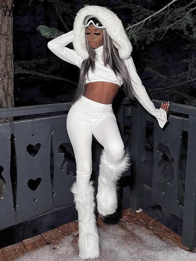 Women's Two Piece Pants Hugcitar Womens Elegant 2-piece Fur Hooded White Long Sleve Sexy Crop Top Pants 2023 Winter T-shirt Sports Fitness Clothi