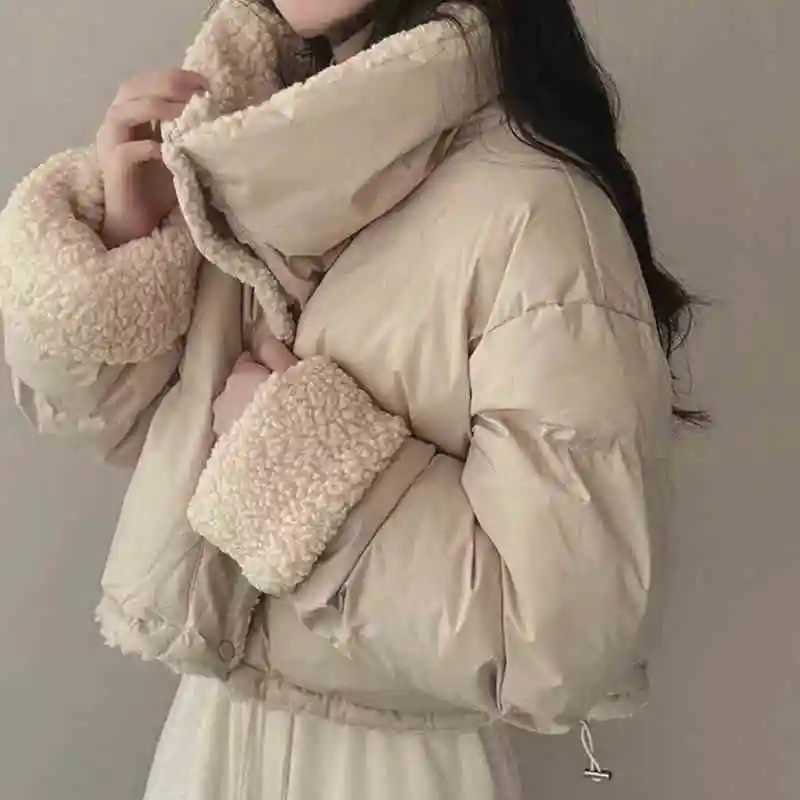 Women's Down Parkas Womens short cotton jacket single breasted lapel sheepskin velvet jacket autumn thick warm cotton jacket Y241019EGJ4
