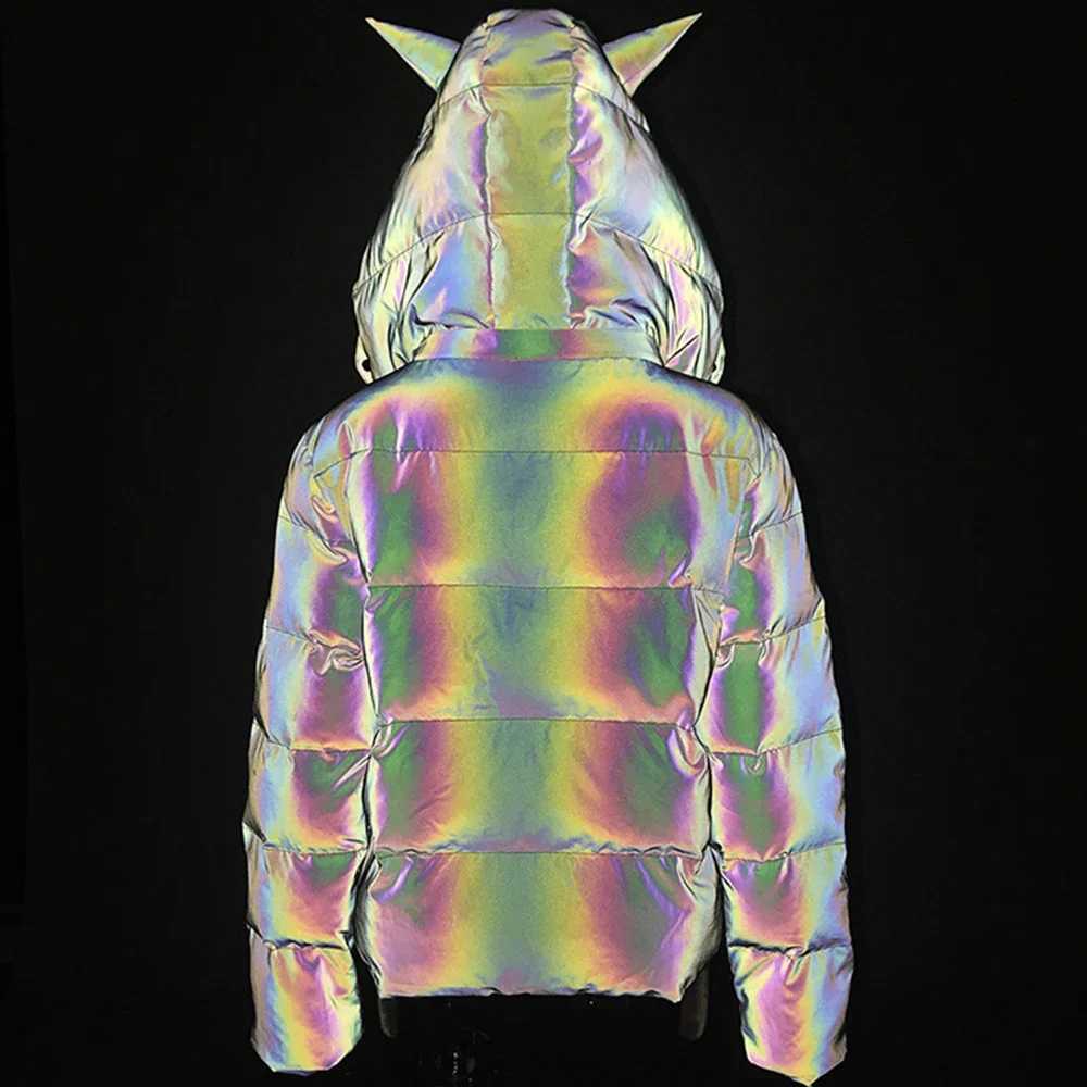 Women's Down Parkas Womens Reflective Hoodie Parkas Down Bubble Jacket Inflatable Jacket Cool Shining Cute Hoodie Thick Coat Y241019JYYI