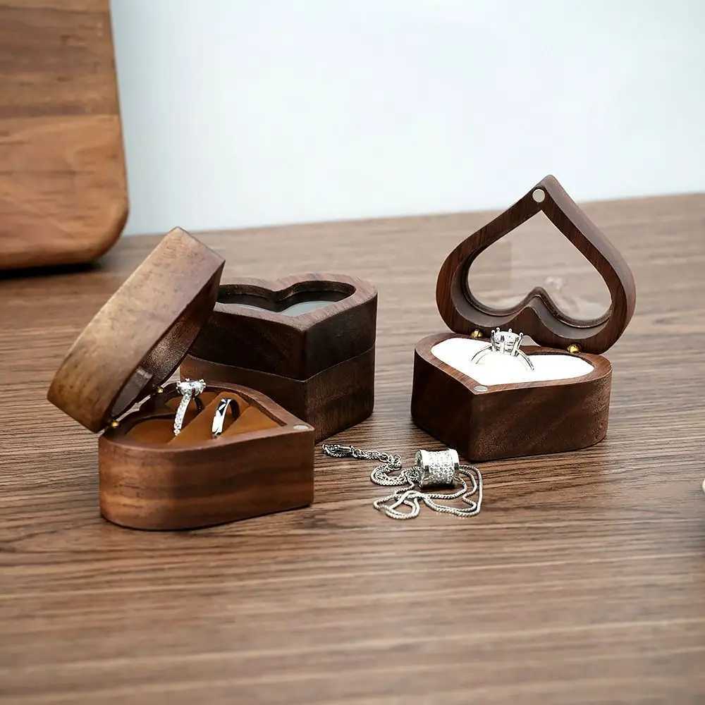 Wooden jewelry box heart-shaped ring display box engagement wedding couple ring storage rack W241019