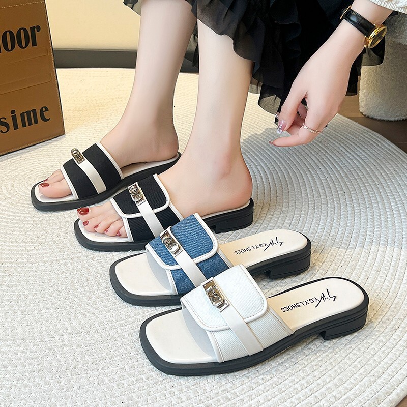 Flat Square Toe Bottom Slippers Summer New Women S Metal Buckle Decoration Casual One Line Low Heel Sandals For To Wear Externally Ddmysaturn