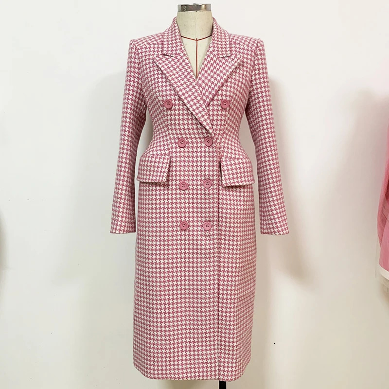HIGH STREET est 2024 Fall Winter Fashion Overcoat Womens Double Breasted Pink Houndstooth Tweed Wool Long Coat 241010