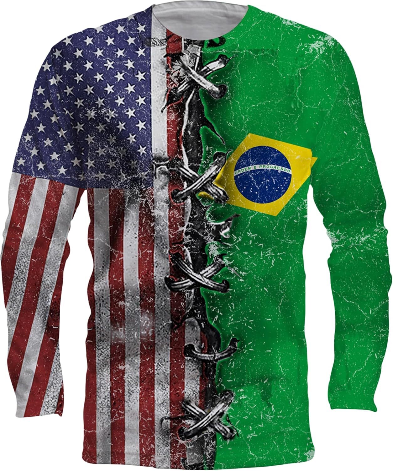 Long Sleeve Shirts for Men sweatshirt Brazil American Flag Outfit for Men Women Kids in This Independence Day, 4th of July, Pride of Heritage Culture 