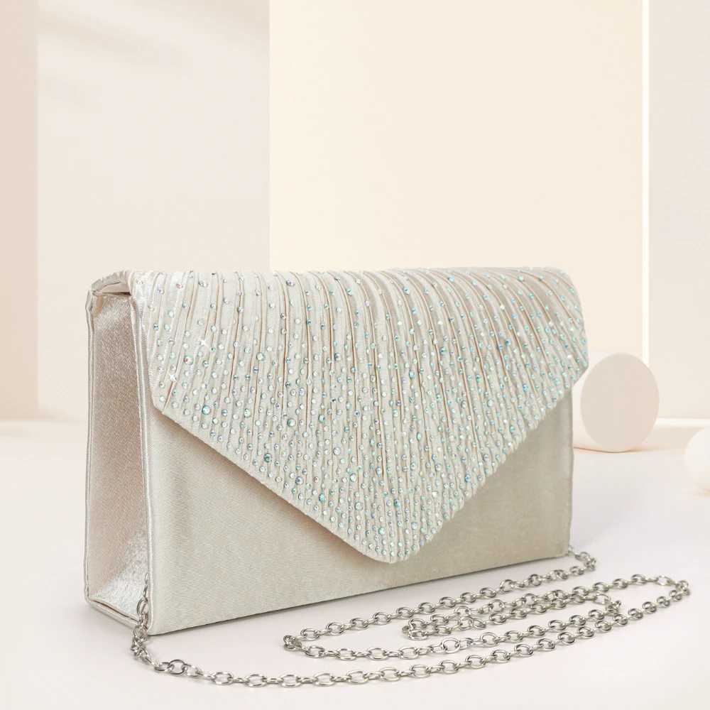 Elegant rhinestone evening bag womens pleated clutch wallet luxurious flip handbag used for weddings parties dances and banquets Y241019