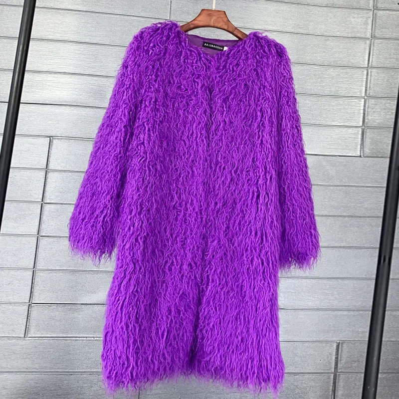 Winter Womens Fur Coat O-neck Long Coat Mongolian Woolen Leather Green Artificial Fur Fashion Winter Clothing Womens Unprinted Good Product 241018