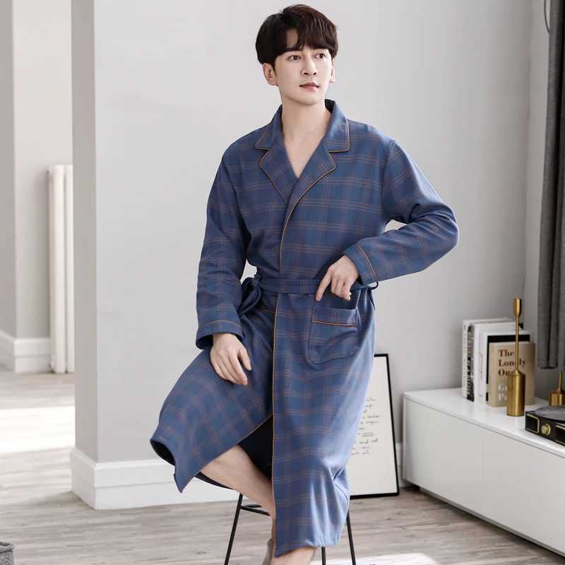 Casual Plaid Men Long Nightgown Kimono Bathrobe Gown Cotton V-neck Intimate Lingerie Long Sleeve Spa Robes Sleepwear For MaleXJ241018
