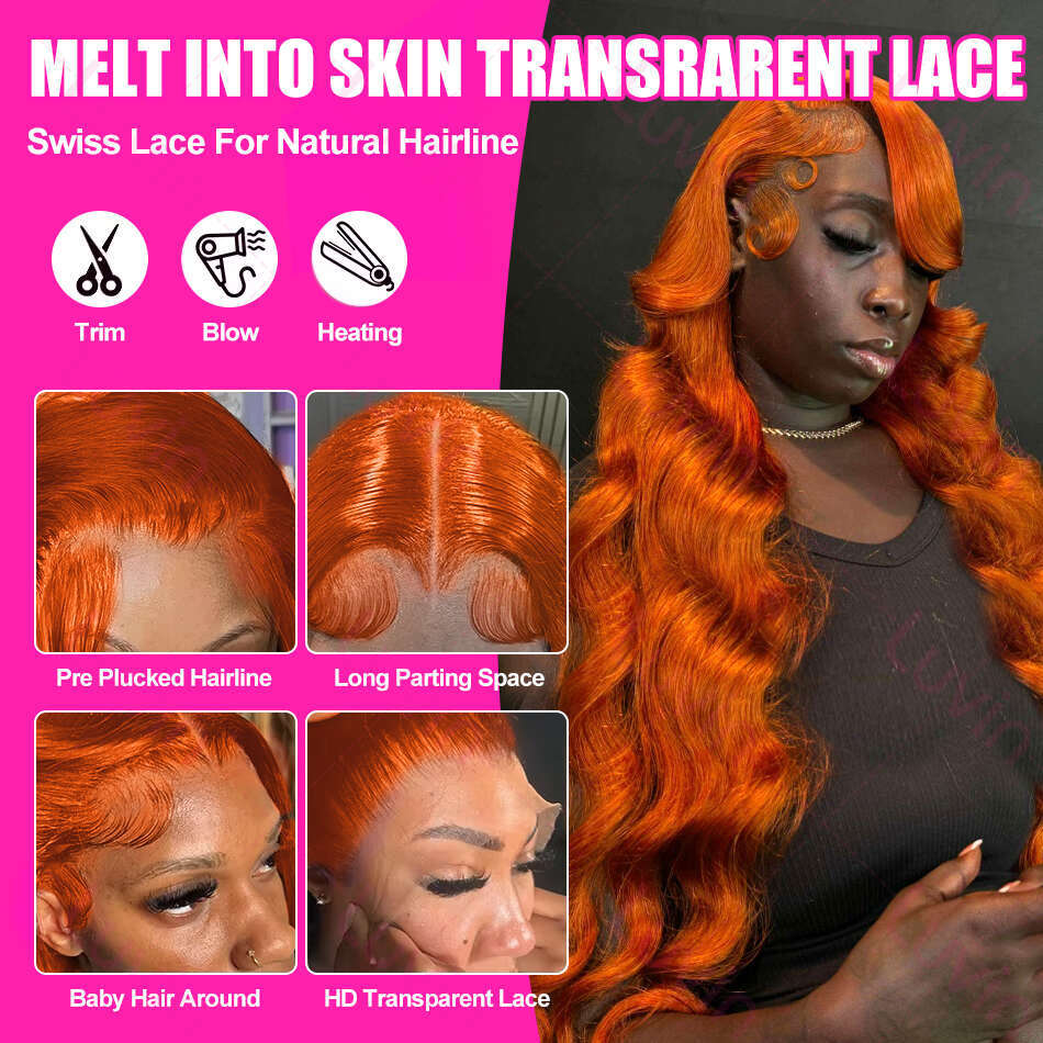 Melodie 220% 30 32 Inches Body Wave Ginger Orange 13x6 Transparent Front Human Wigs 13x4 Lace Frontal Remy Hair Wig