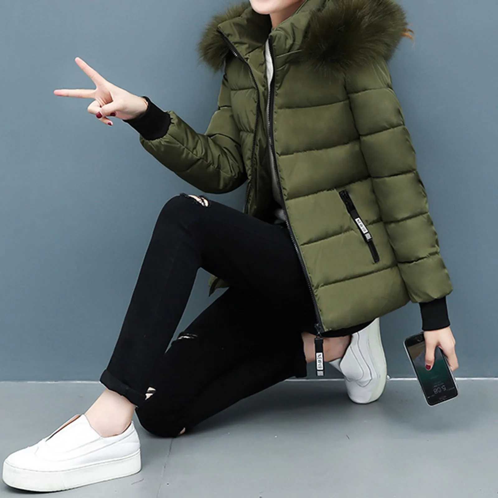Pink Winter Cotton Puffer Coat Women Fluffy Hooded Zipper Thick Outerwear Lapel Windproof Warm Long Sleeve Down Jacket Fit CoatsX241019