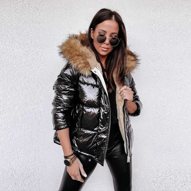Women's Down Parkas Womens solid shiny PU jacket 2023 winter fashion big fur collar hooded cotton coat womens casual thick warm zipper park Y2410