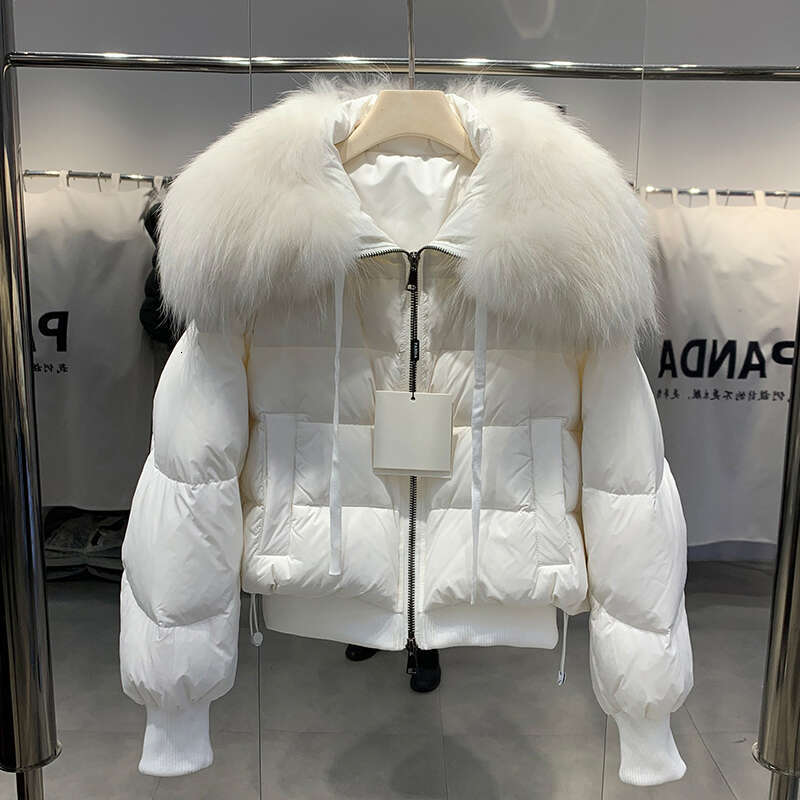Lagabogy 2024 Winter Puffer Jacket Women Thick Warm Short Parkas Real Natural Raccoon Fur Female Loose 90% White Duck Down Coat
