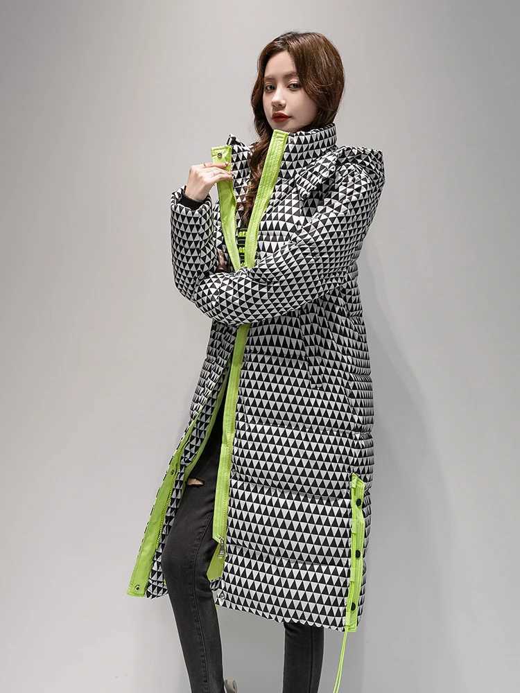 2023 Winter Warm Plaid Long Coat Women s Fashion Thicken Hooded Puffer Jacket Female Windproof Warm OutwearX241019