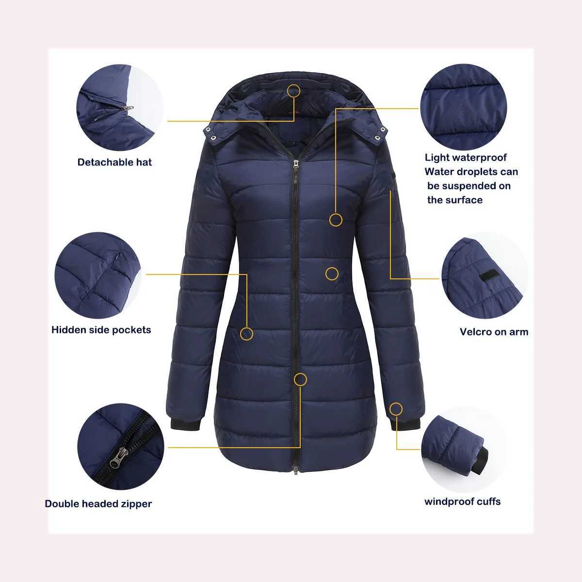2024 Womens Cotton Padded Jacket Waterproof Medium-length Zipper Hooded Warm Coat Outdoor OvercoatX241019