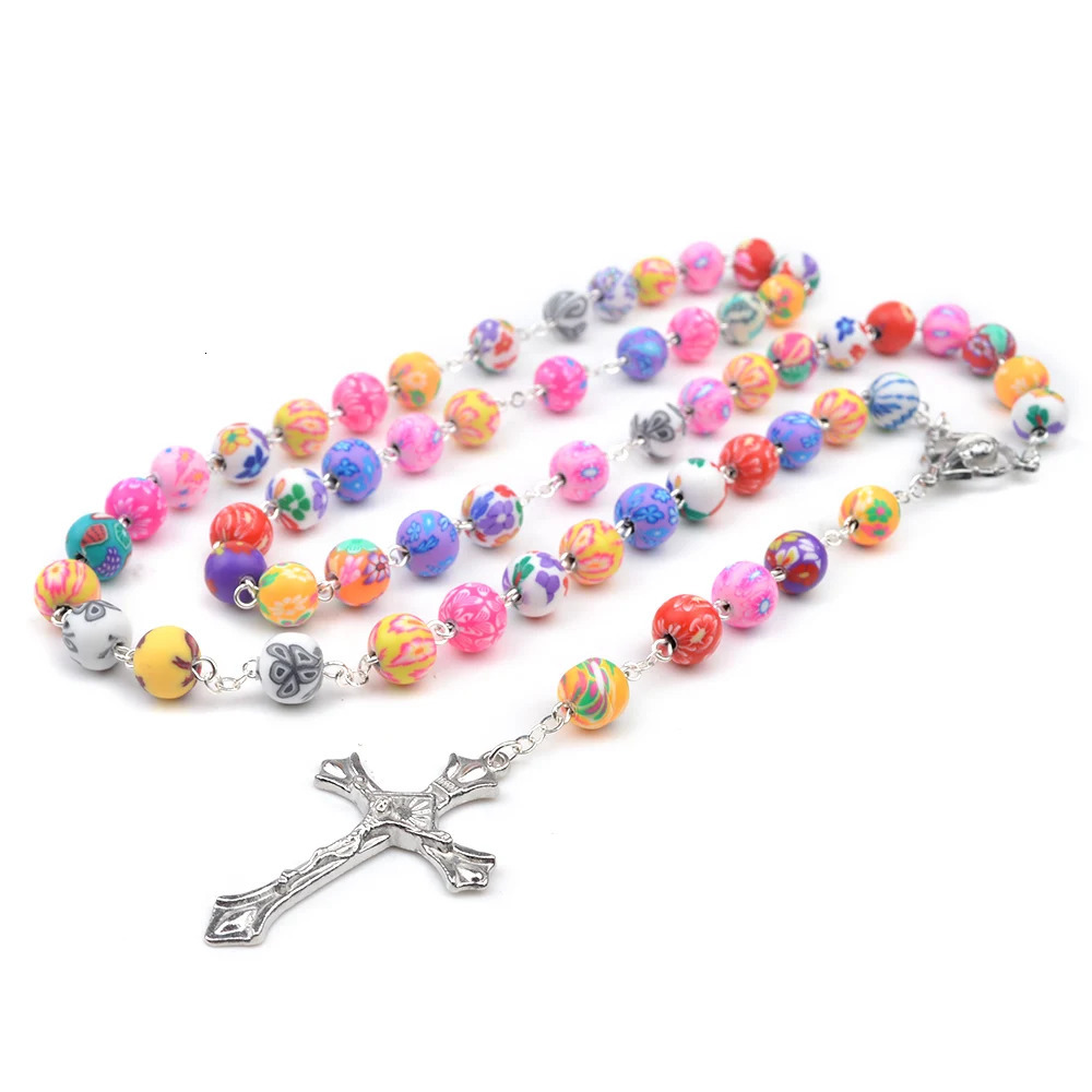 Colored polymer clay bead necklace Virgin Mary Christian Catholic rose necklace 241018
