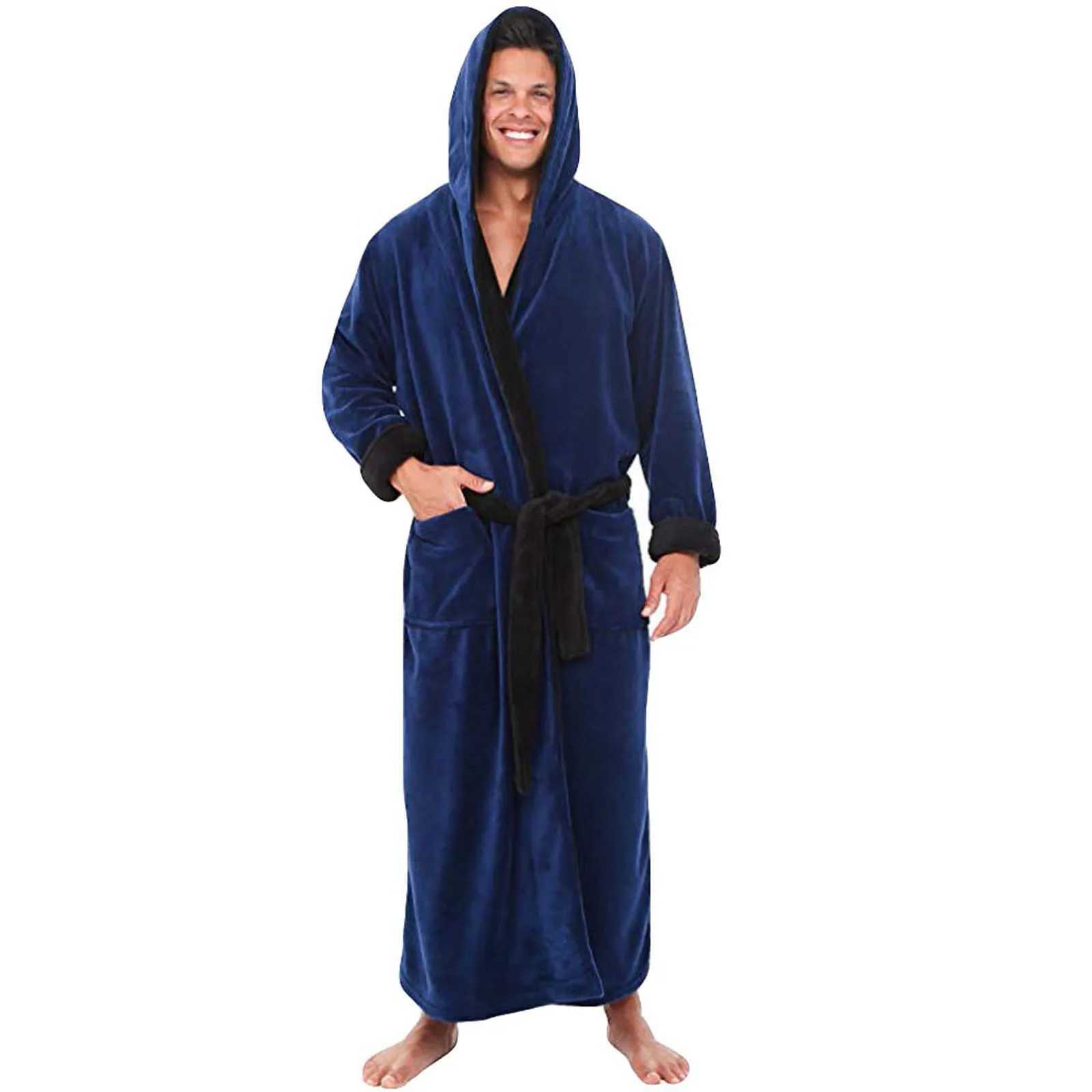 Winter Mens Bathrobe Terry Robe Flannel Super Thick Warm Dressing Gown Luxury Solid Plaid Long Robe For Man Towel #T1GXJ241018