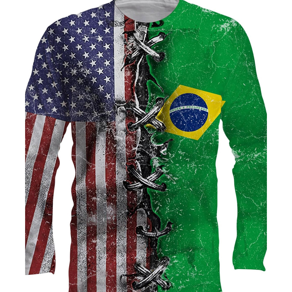 Long Sleeve Shirts for Men sweatshirt Brazil American Flag Outfit for Men Women Kids in This Independence Day, 4th of July, Pride of Heritage Culture 