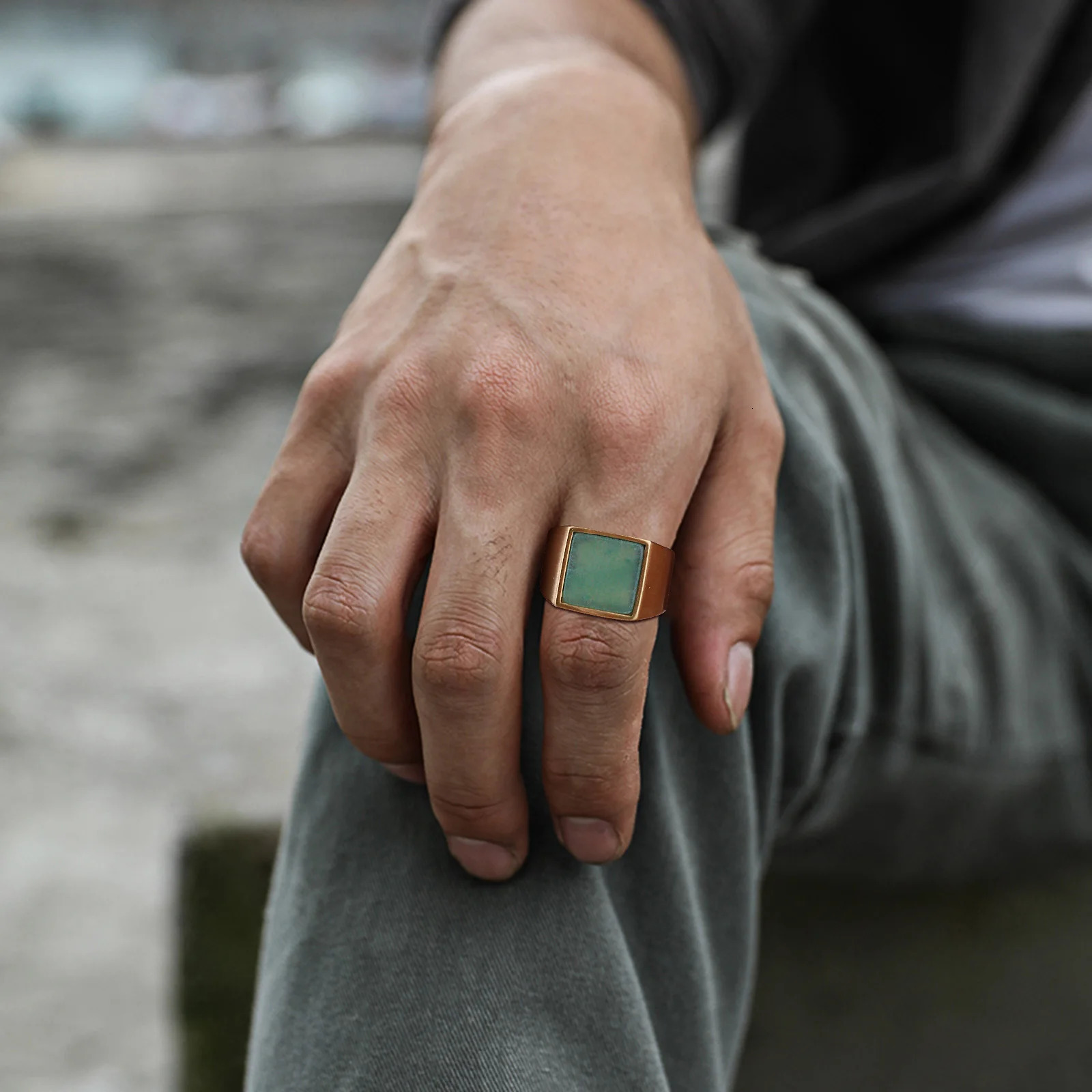 MP Natural Green Stone Ring for Men BoysGold Color Stainless Steel Stamp Thumb Square RingPunk Stylish Jewelry Gift 241010