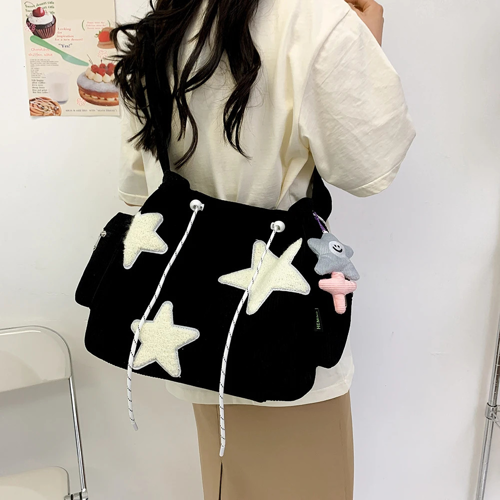 Womens star pattern Corduroy cross body bag casual handbag womens simple large capacity shoulder bag girls travel school backpack handbag 241018