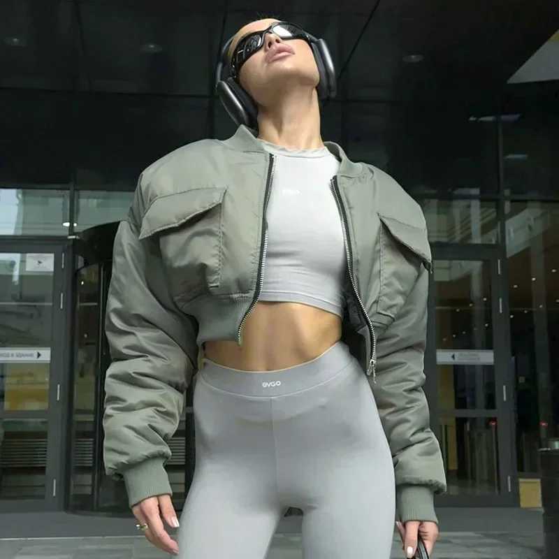 Women's Down Parkas Fashion Women Big Pockets Bomber Jacket Slim Waist Zipper Crop Jackets Outerwear Moto Biker Coats BF Punk Coats Jackets Autum