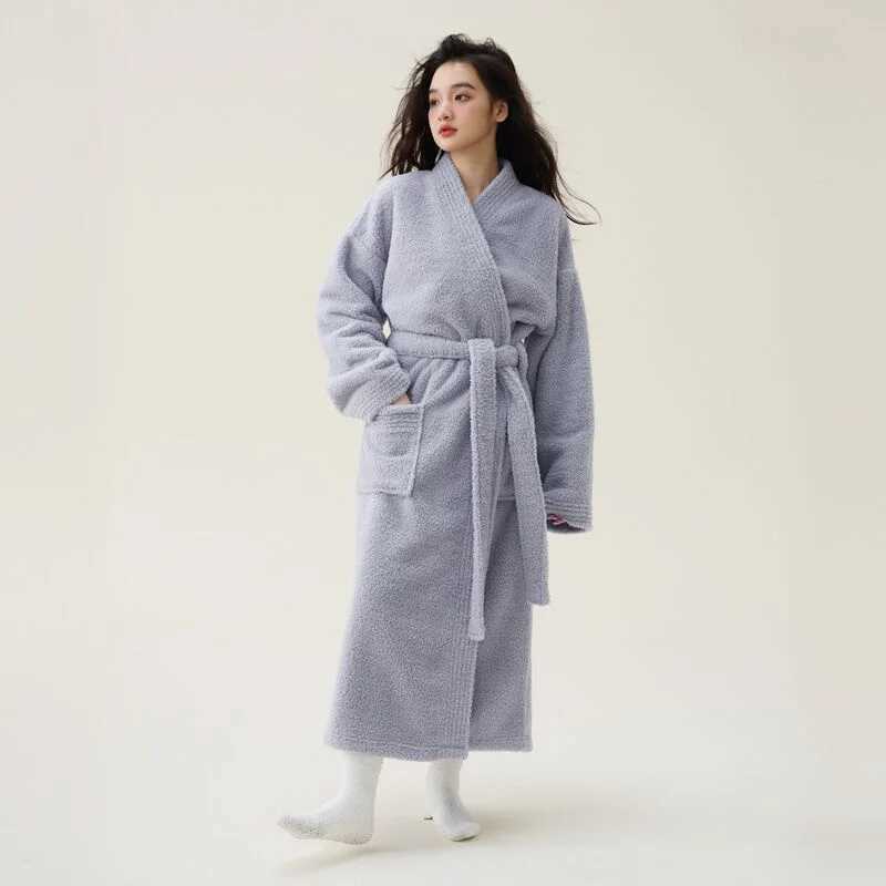 Autumn Winter New Couple Nightgown Coral Plush Plus Thick Plush Mens and Womens Extra Long Solid Causal BathrobeXJ241018