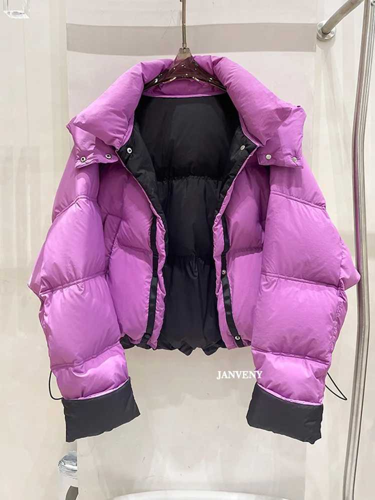 Women's Down Parkas Janveny 2024 new winter contrasting color hooded crop inflatable jacket womens double-sided thick white duck down warm bread 