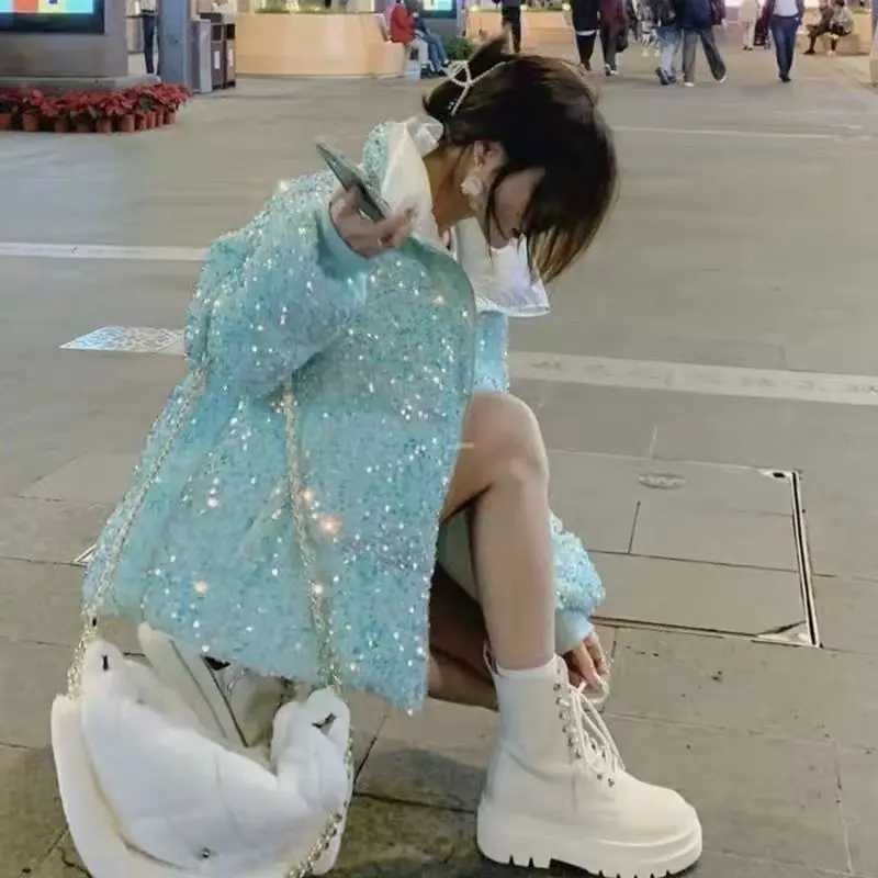 Women's Down Parkas Fashion sequined down cotton jacket womens winter jacket new loose stand up collar short bread jacket warm jacket Y240824KRUZ