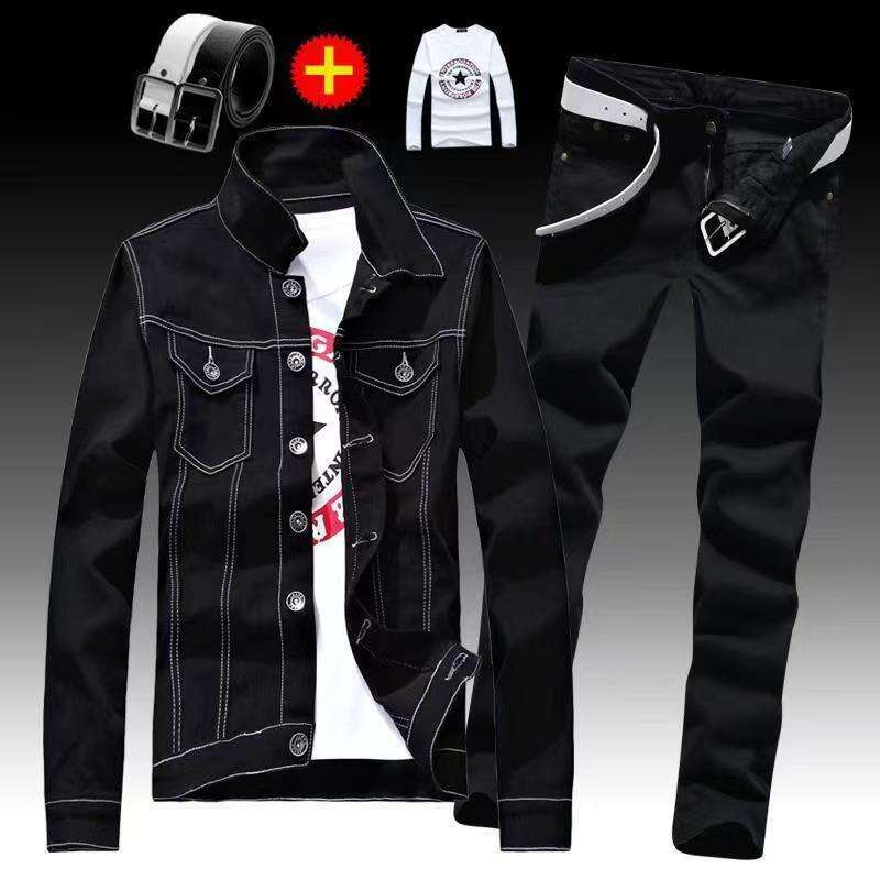 Spring Autumn Mens Denim Jacket + Jeans Pants Set Fashion Letters Printed Coat Trousers Two Piece Denim suit