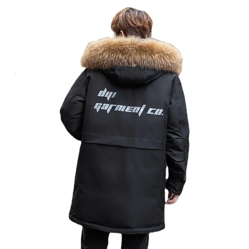 Big fur collar hooded white duck down jacket for couples loose windproof mens warm chiffon long inflatable jacket 241018