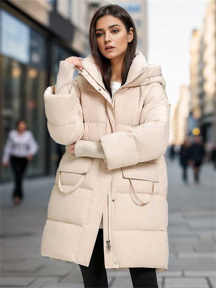 2024 Winter New Womens Loose Padded Down Jackets The Mid-Length Is Thickened Personality Pockets Warm Over-The-Knee JacketX241019
