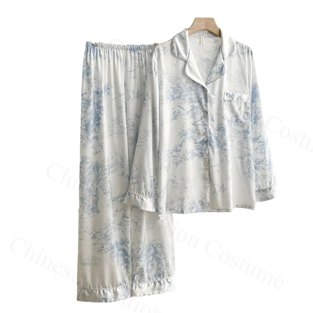 Long sleeved pajama set ice silk pajama womens loose home printed shirt and pants Trouser set 2PCS pajama soft pajama 241009