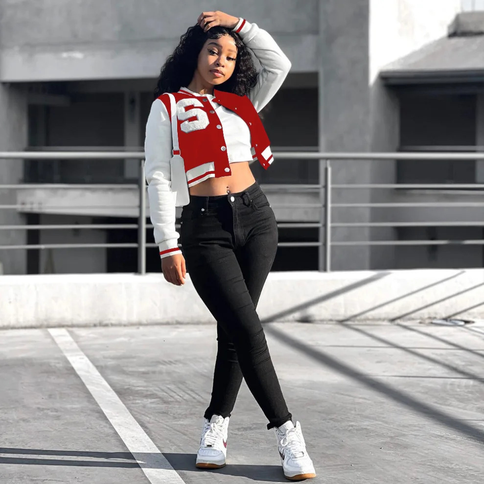 Blue baseball jacket womens letter printed button V-neck long sleeved red bomber jacket black baseball crop autumn top 241019