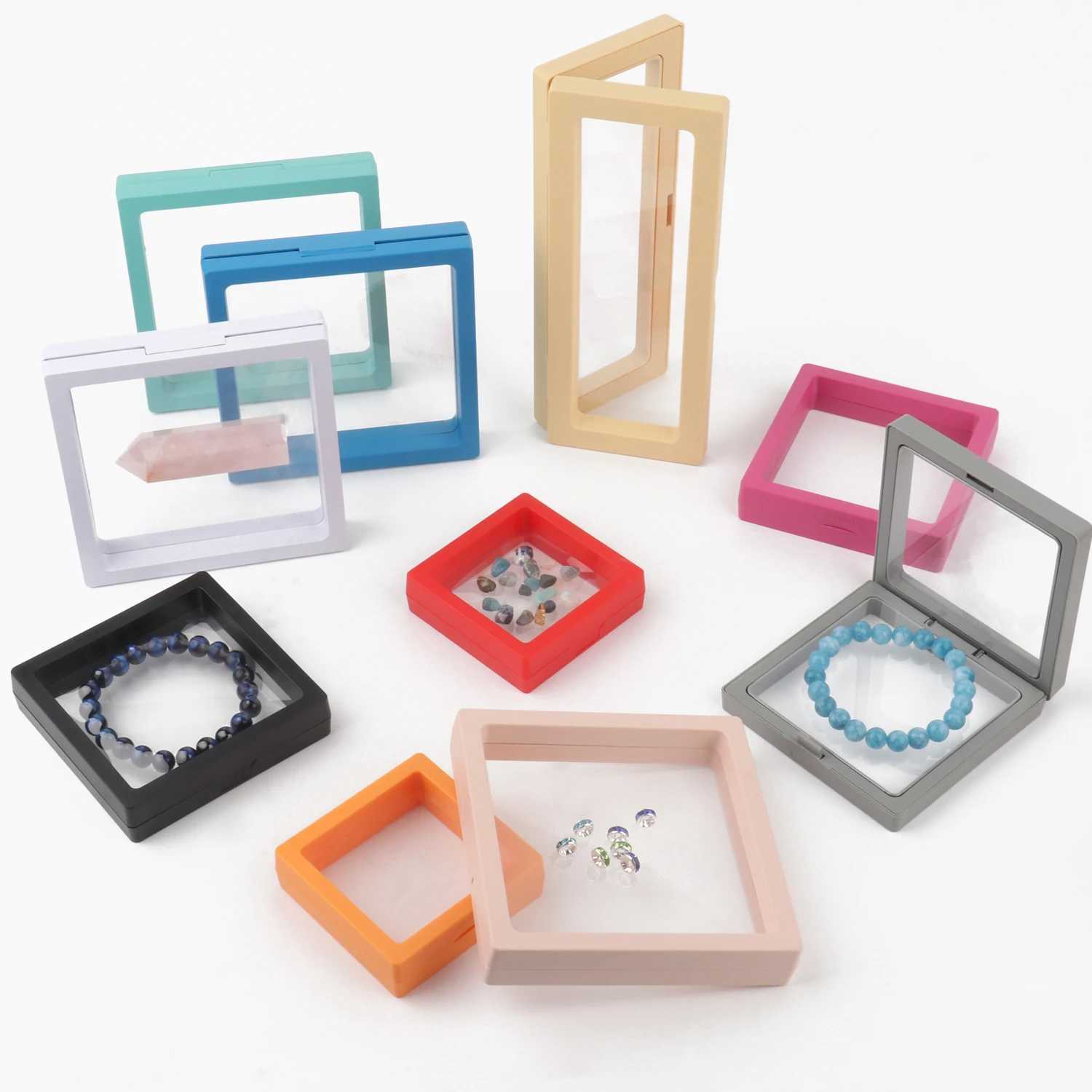 3D floating frame PE film jewelry and gemstone storage box without floating bracket film ring earrings necklace display box W241019
