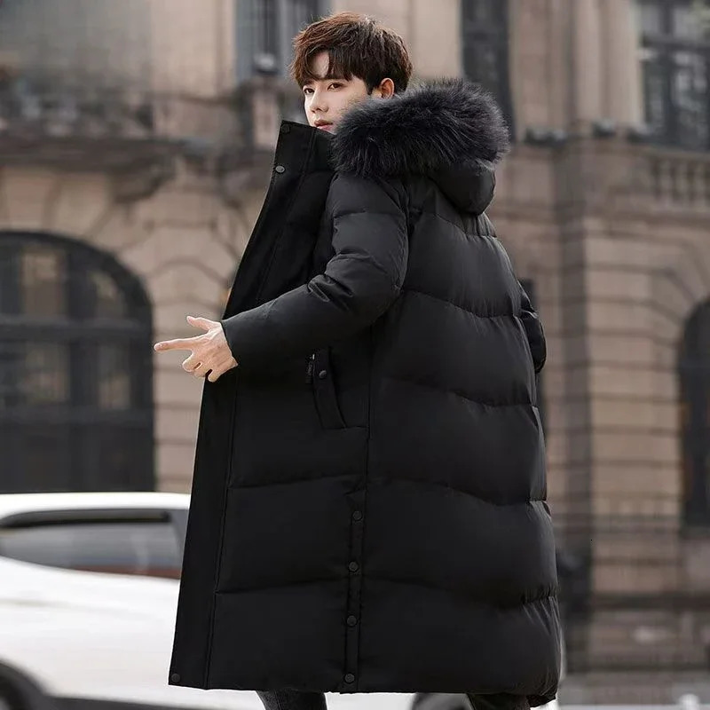 Mens winter jacket hoodie raccoon fur collar style fashionable young white duck thick warm long student jacket 241018