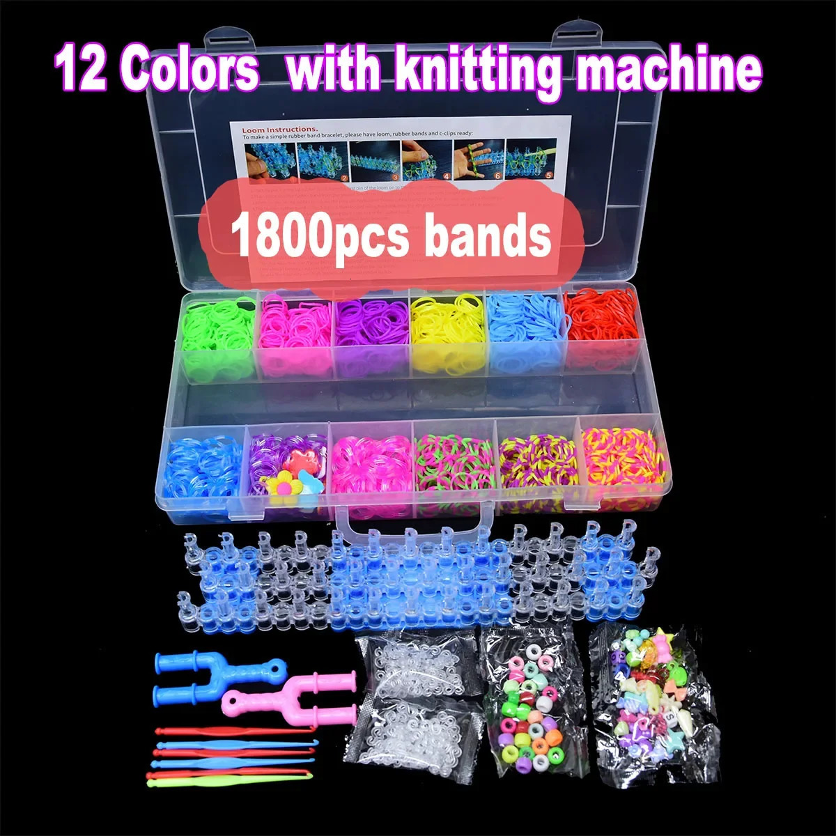 1800pcs Elastic Rubber Weaving Machine Belt DIY Tool Box Weaving Bracelet Handle Girl Gift Childrens Toy Youth 8 10 Years 241018