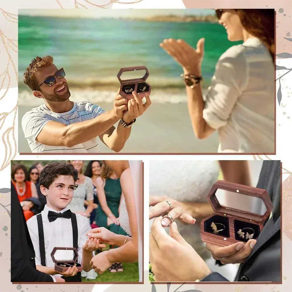 Free customized personalized walnut ring box carved engagement and wedding ring holder for couples brides and grooms W241019