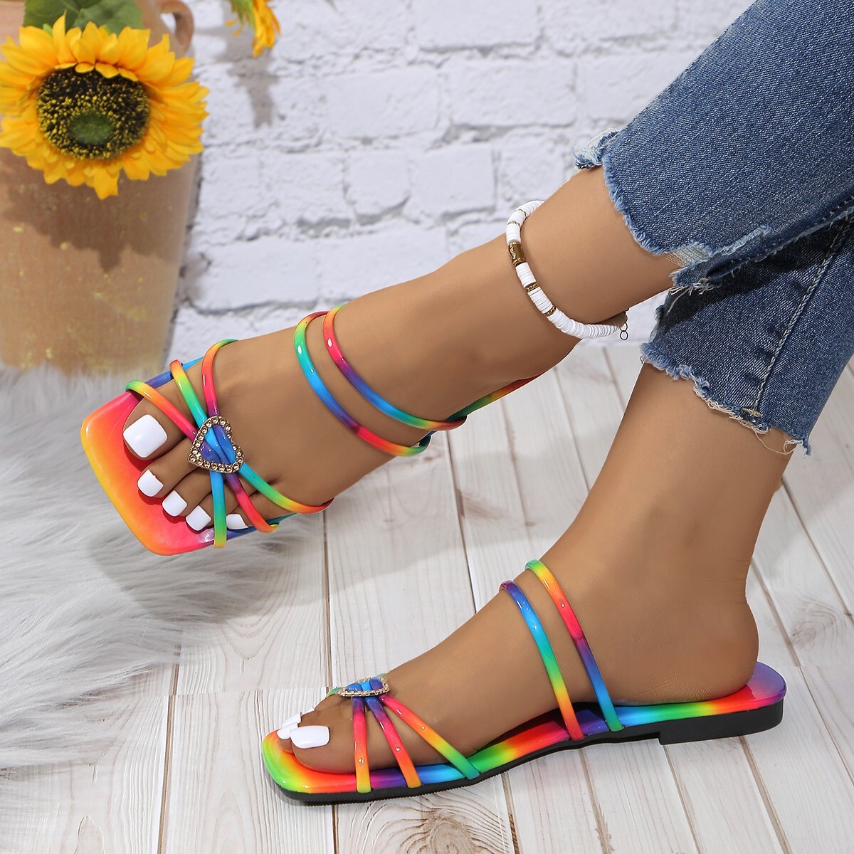 S Wind Women Sandals Summer Square Toe Fashionable Love Buckle Large Size Flat Bottomed For Ddmywed Ddmysaturn