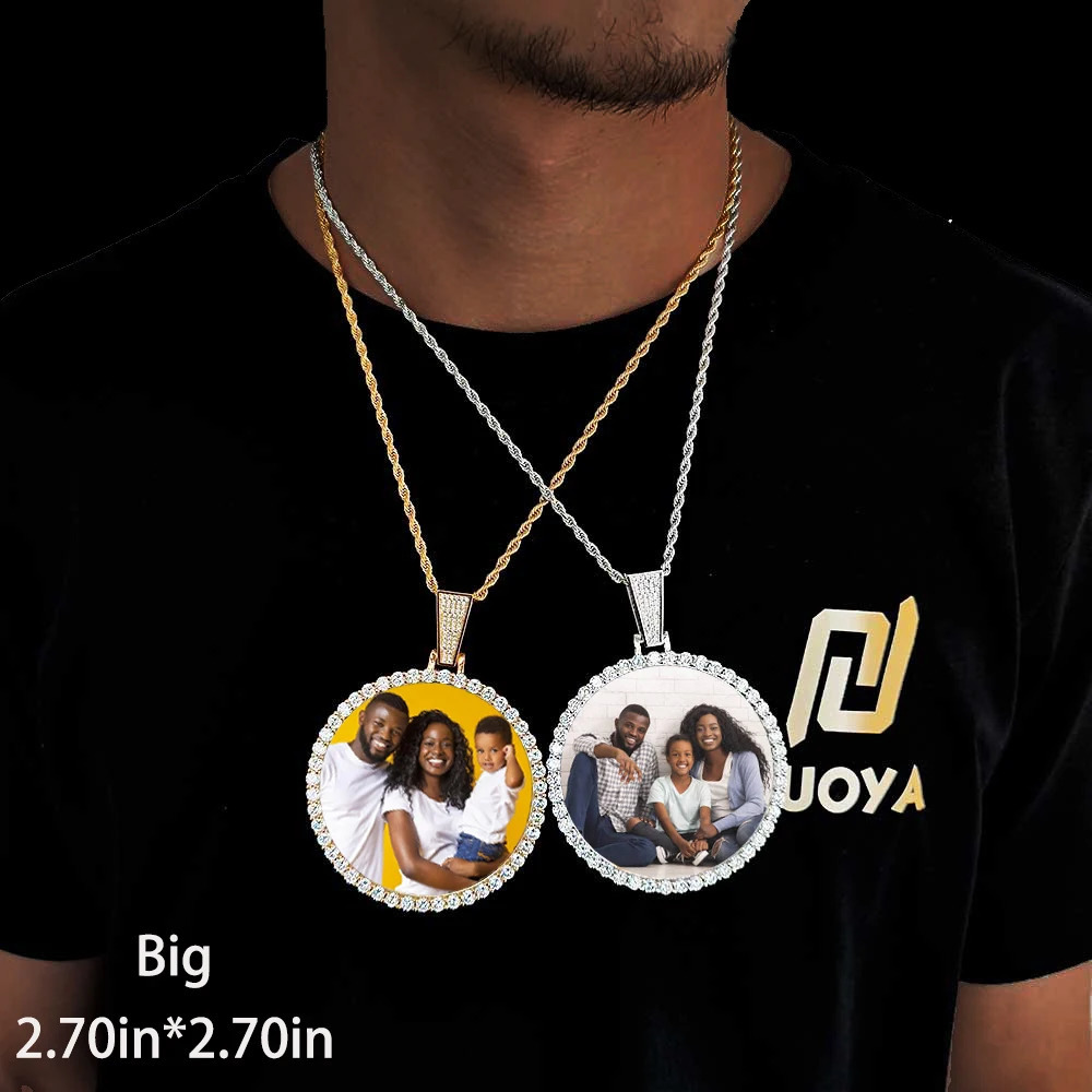 Hip Hop Jewelry Bling CZ Memorial Picture Frames Necklace Personalization Po Custom 26/35/45/68.5MM Circle Medallions Pendant 250318