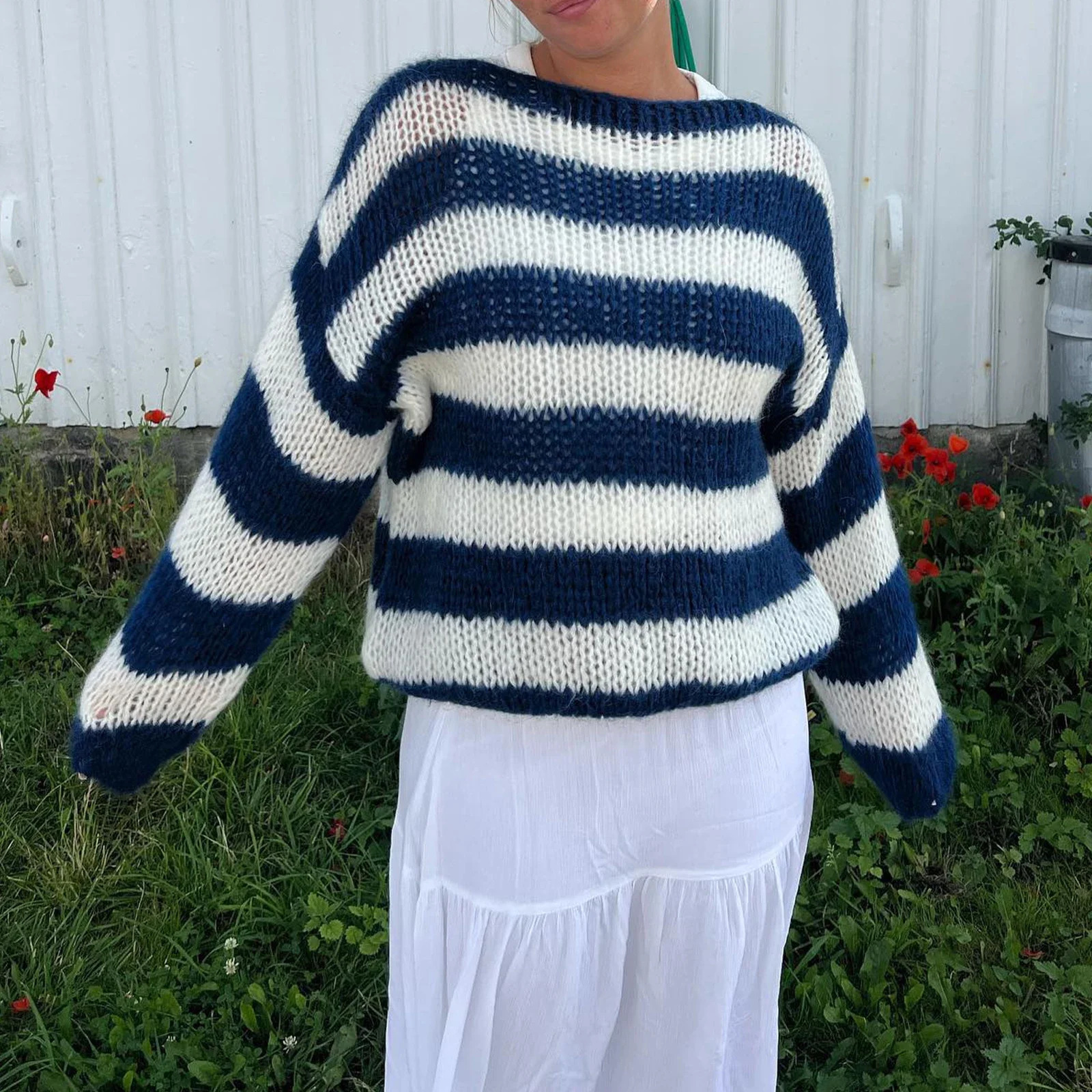 Women Y2k Oversized Striped Sweater Color Block Crew Neck Long Sleeve Pullover Jumpers Cute Retro Preppy Streetwear 241010