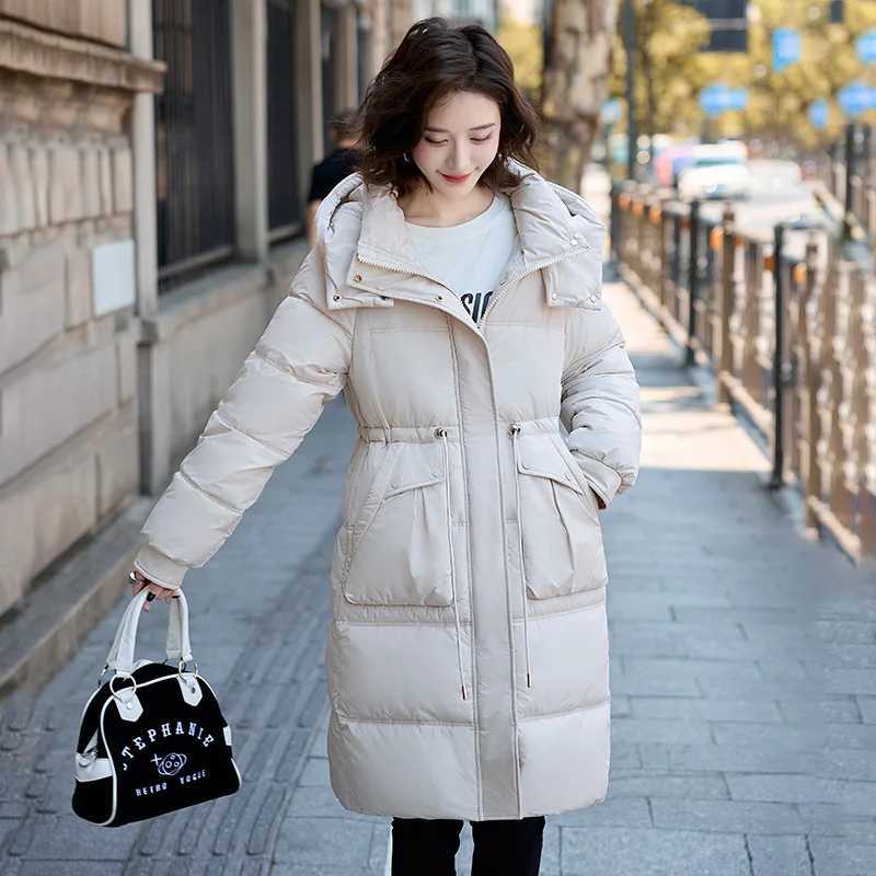 Winter New Mid-length Jacket Warm Thickened Long Over-the-knee Female Coat Waisted Hooded White Duck Down Jacket for WomenX241019