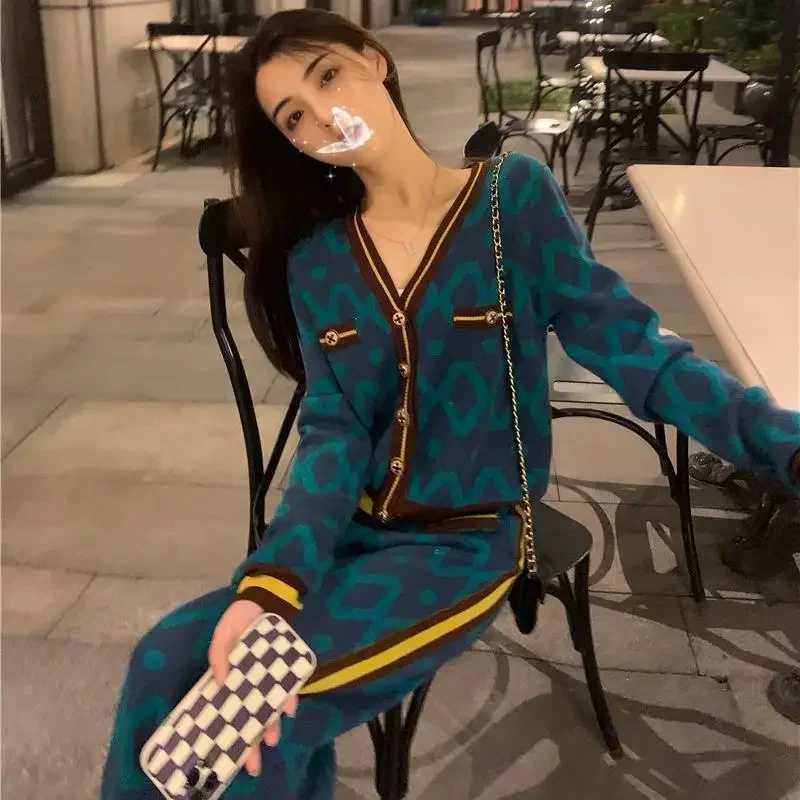 Women's Two Piece Pants Womens Trouser Knitted Printed Crochet Spring and Autumn Womens Pants Two Piece Set Sweater Wide Leg Party New Competitio