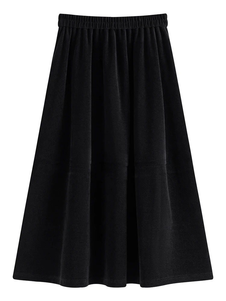 FSLE French Literary Retro Velvet Solid Color Skirt for Women Winter Elastic Highwaisted Corduroy Aline Female 241019