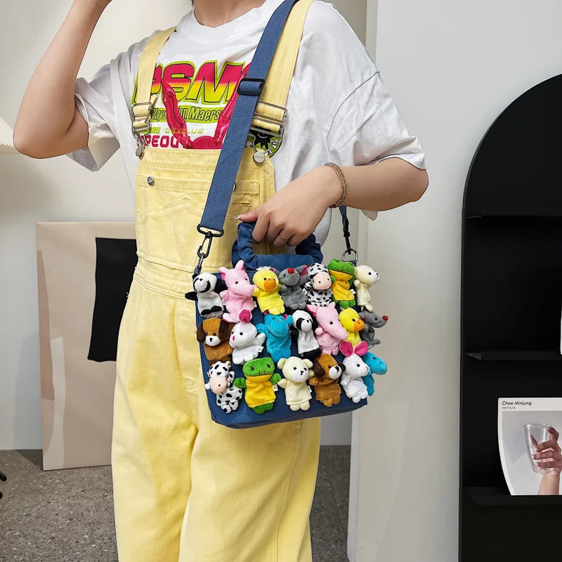 Fashionable womens denim bucket cartoon toy decoration handbag and wallet womens cute doll shoulder bag cross body bag 241018